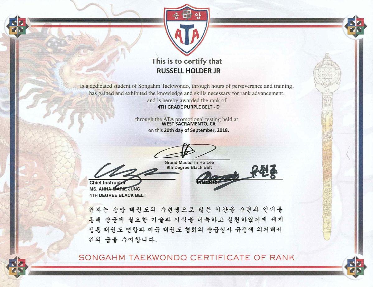 20SEP18 ATA TKD 4th Grade Purple Belt - D certificate