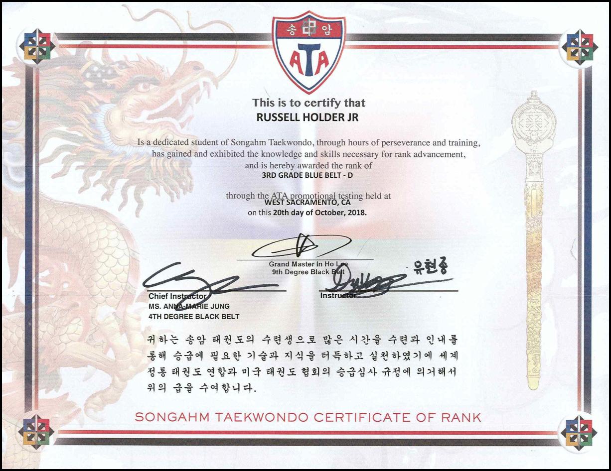 20OCT18 ATA TKD 3rd Grade Blue Belt - D certificate